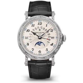 Patek Philippe Perpetual Calendar 5160/500G-001 white gold watch, engraved dial, black strap