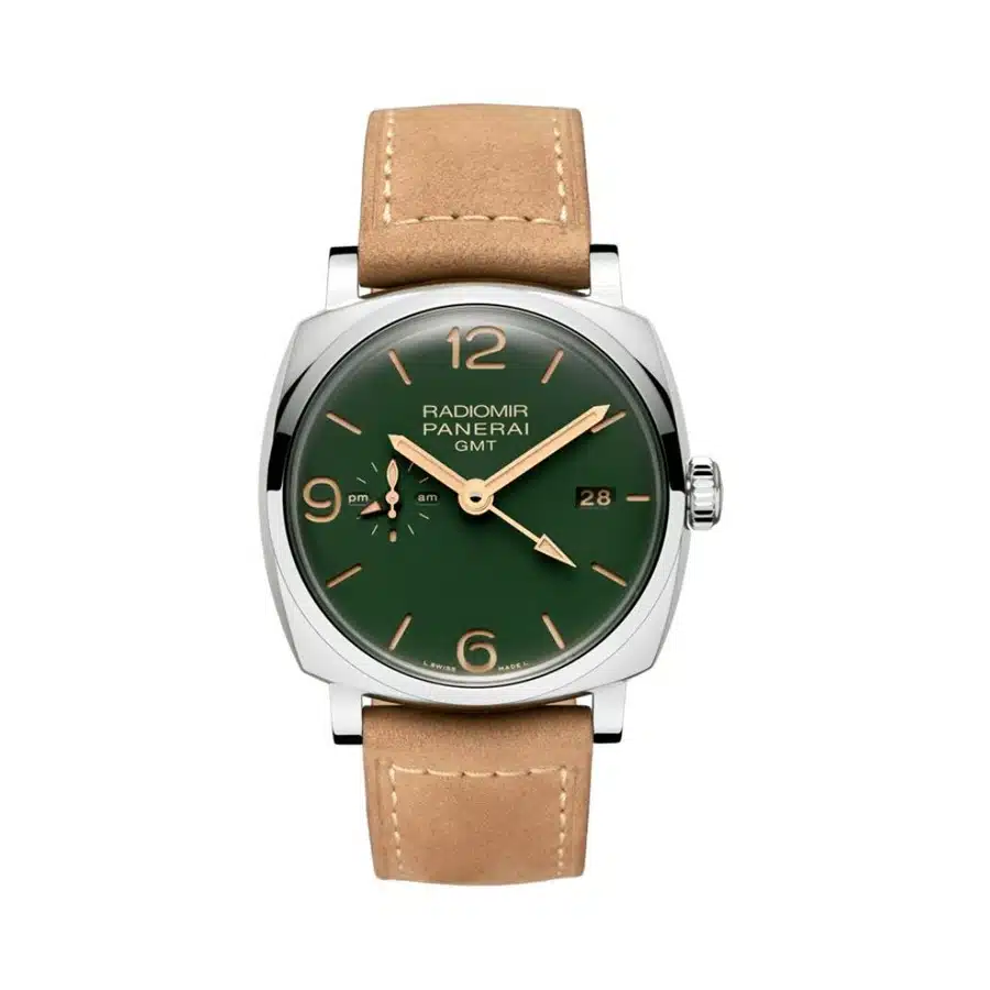 Panerai Radiomir GMT 45mm PAM00998 Stainless Steel With Brown Leather Watch Green Dial