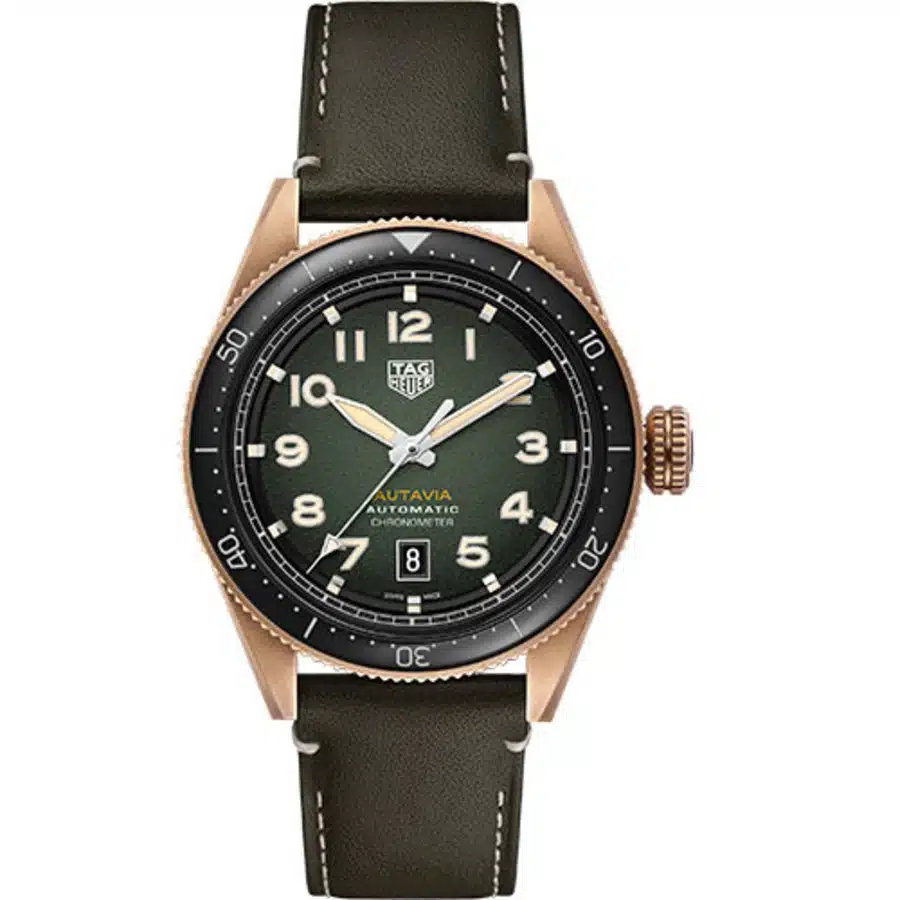Tag Heuer Autavia Automatic WBE5190.FC8268 Bronze Case Green Dial Black Leather Strap Watch 2024