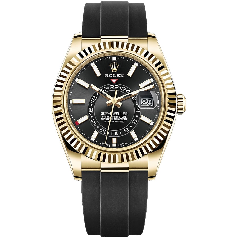 Rolex Sky-Dweller Oysterflex 42mm 326238 Yellow Gold With Black Rubber Watch Black Index Dial