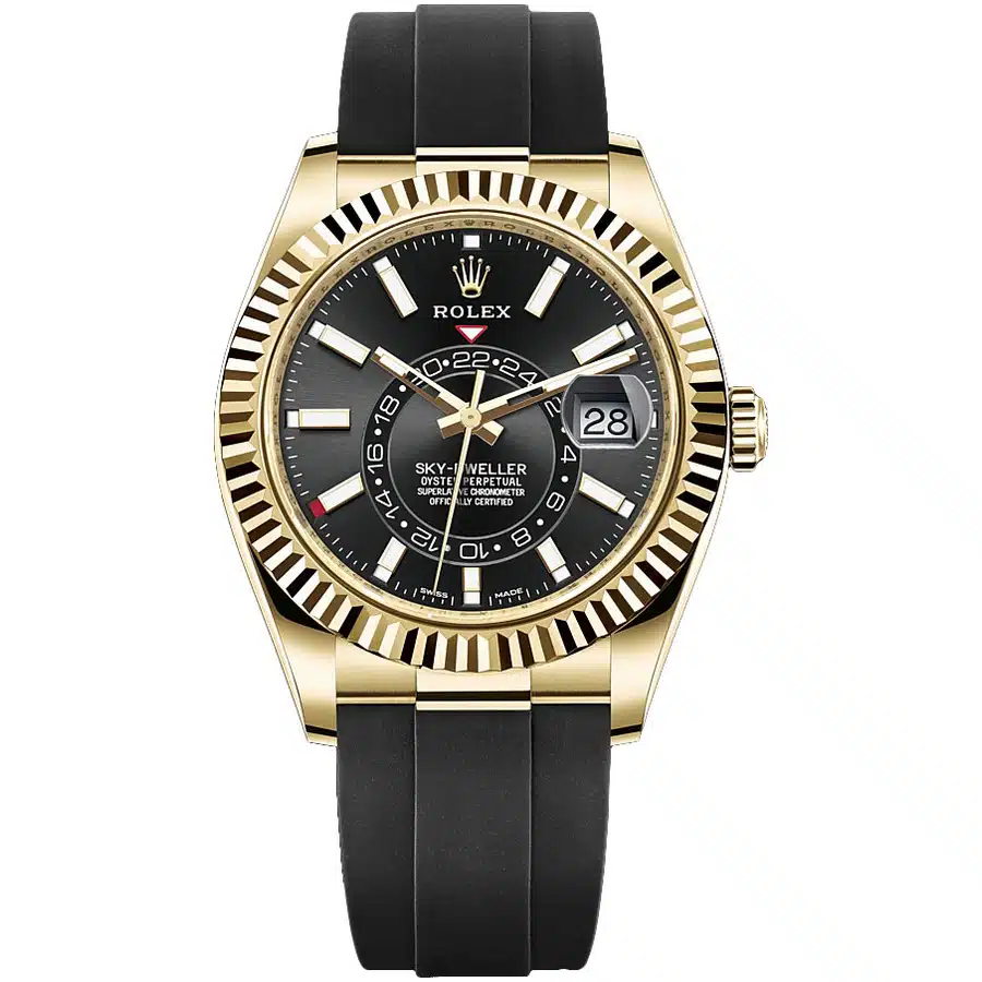 Rolex Sky-Dweller Oysterflex 42mm 326238 Yellow Gold With Black Rubber Watch Black Index Dial