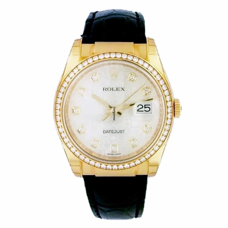 Rolex Datejust 116188 Yellow Gold with Black Leather Watch Silver Jubilee Diamond Dial Diamond set Bezel