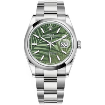 Rolex Datejust 36mm Oyster 126200 Stainless Steel Watch Olive Green Palm Motif Index Dial