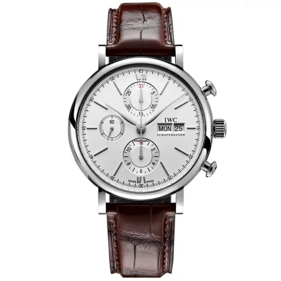 IWC Portofino Chronograph IW391027 Brown Alligator Leather Strap Silver Dial Watch 2024