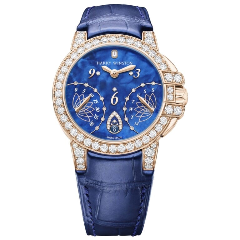 Harry Winston Ocean Biretrograde OCEABI36RR033 Rose Gold Watch Blue Alligator Leather Strap