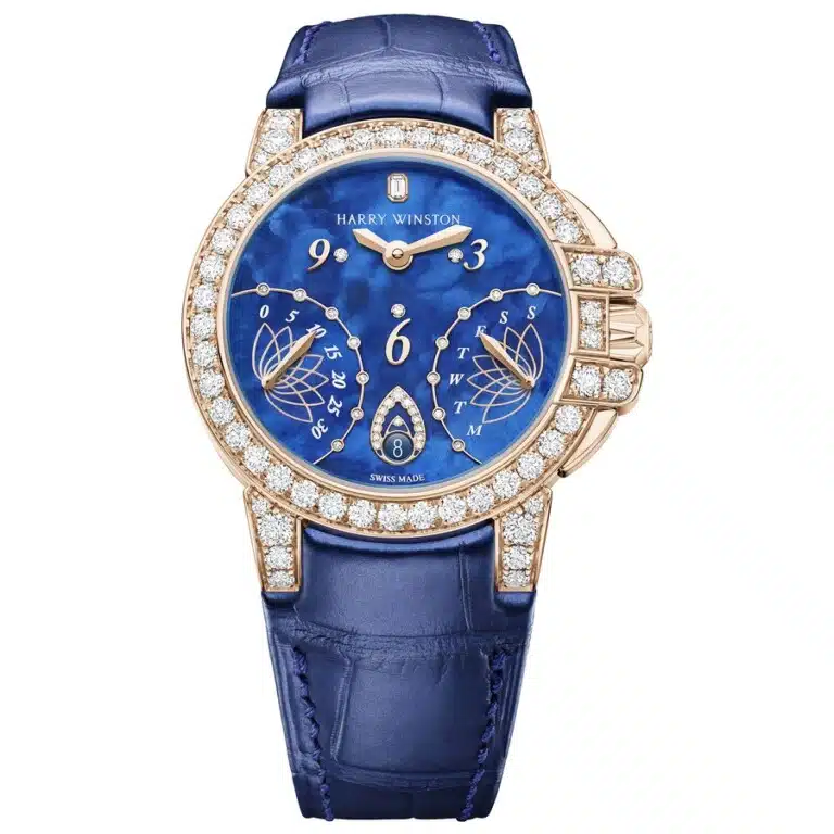 Harry Winston Ocean Biretrograde OCEABI36RR033 Rose Gold Watch Blue Alligator Leather Strap