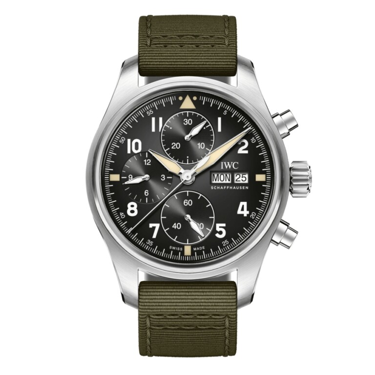 IWC Pilot Spitfire Chronograph IW387901 Stainless Steel 41mm Green Fabric Black Dial