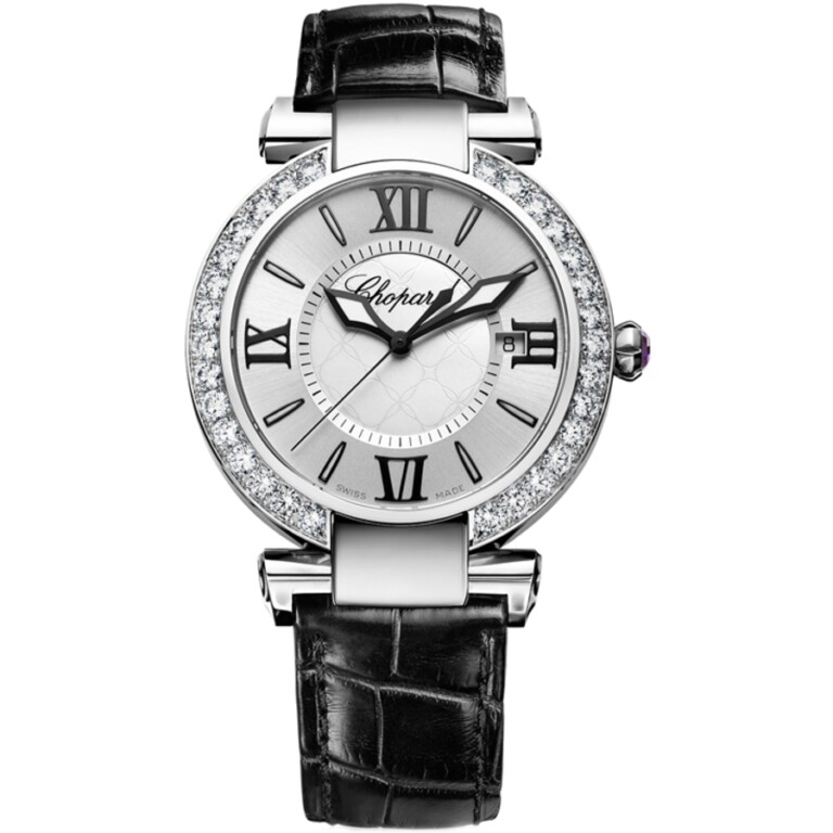 Chopard Imperiale 388531-3002 Diamond Bezel Stainless Steel with Black Leather Watch Silver Dial