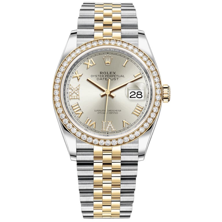 Rolex Datejust 36mm Jubilee 126283RBR Steel & Yellow Gold Watch Silver Roman Pave VI and IX Dial