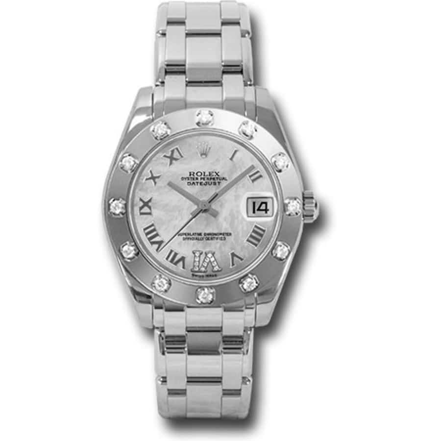 Rolex Pearlmaster 34mm 81319 Masterpiece White Gold Watch with 12 Diamond Bezel Mother-of-Pearl Roman Dial