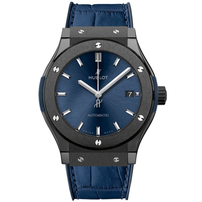 Hublot 542.CM.7170.LR Classic Fusion Black Ceramic Blue Dial Blue Alligator Leather Watch 2024