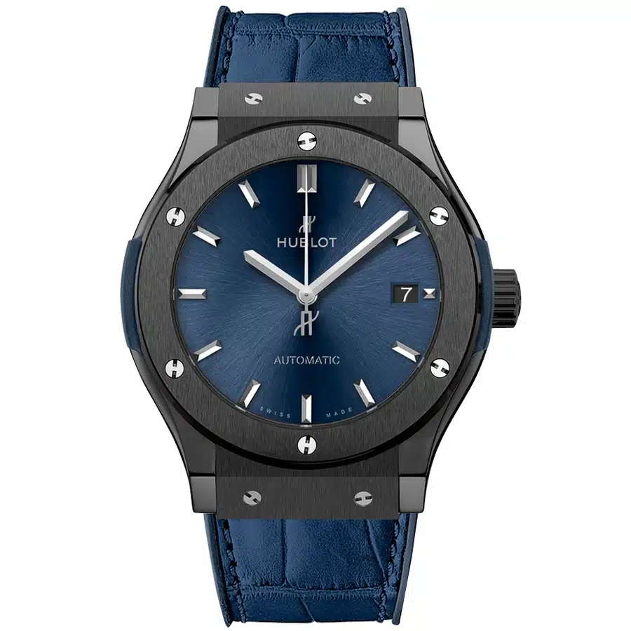Hublot 542.CM.7170.LR Classic Fusion Black Ceramic Blue Dial Blue Alligator Leather Watch 2024