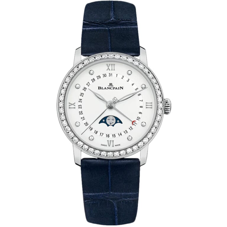 Blancpain Villeret Quantieme Phases de Lune 6126-4628-55B Stainless Steel with Blue Leather Watch Silver Dial