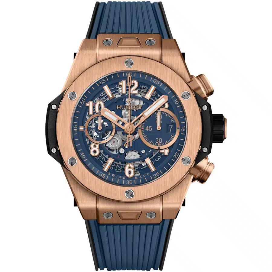 Hublot Big Bang Unico 421.OX.5180.RX Blue Rubber Watch 18kt Rose Gold