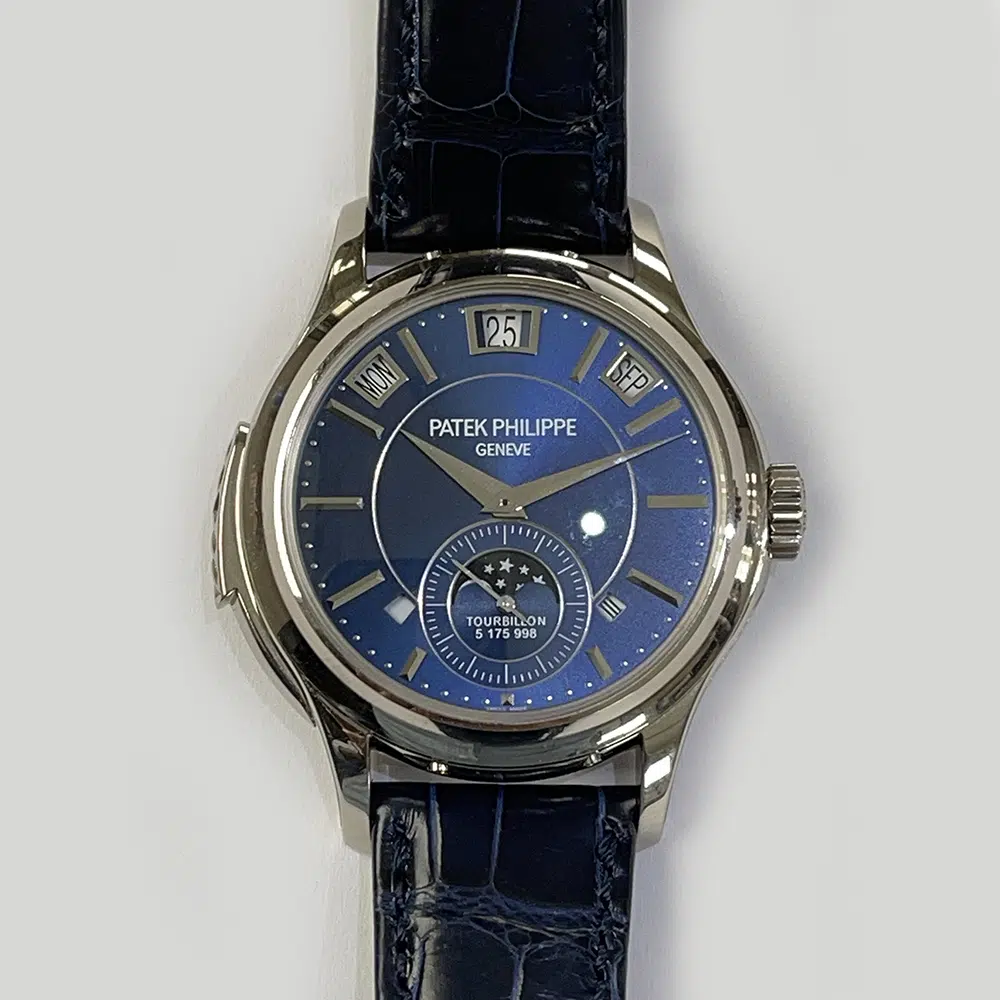 Patek Philippe 5207 white gold tourbillon perpetual calendar, blue dial detail