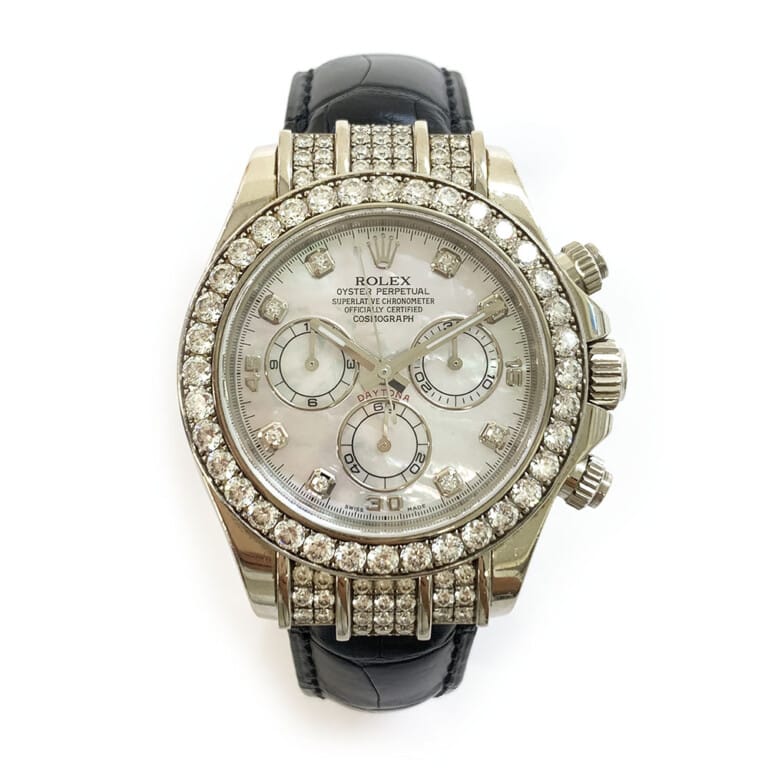 Rolex Daytona Diamond Bezel White MOP Dial 40mm 116599RBR White Gold Black Leather Watch 2013
