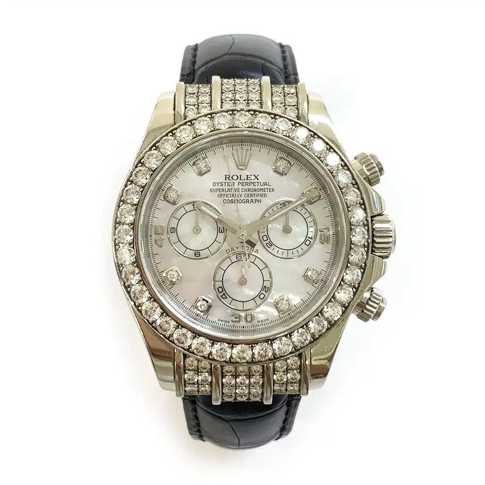 Rolex Daytona Diamond Bezel White MOP Dial 40mm 116599RBR White Gold Black Leather Watch 2013