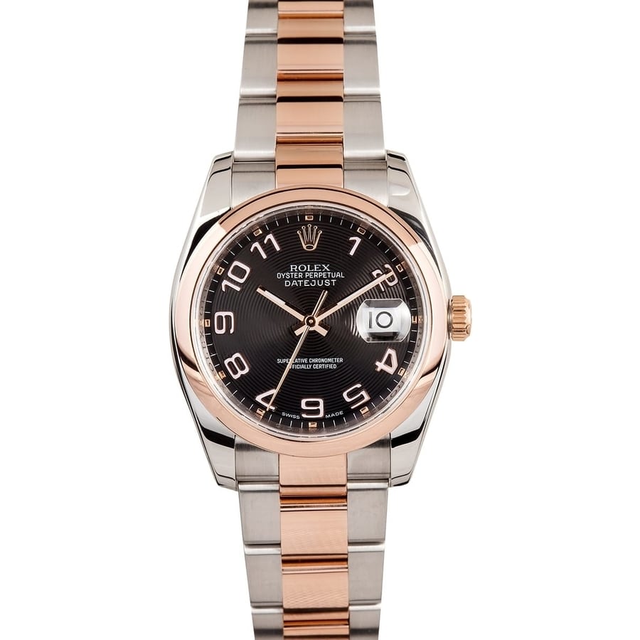 Rolex Datejust 36mm Steel & Rose Gold Smooth Bezel Oyster Bracelet Black Concentric Arabic Dial 116201