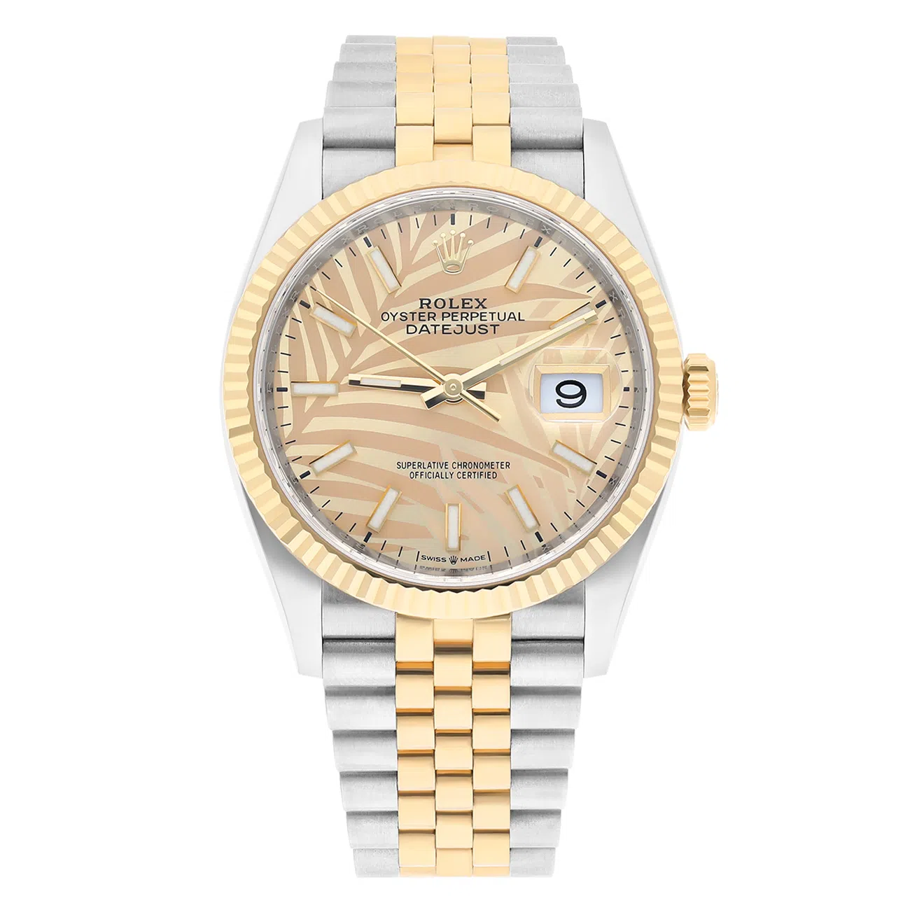Rolex Datejust 126233-0037 36mm Two-Tone Yellow Gold Fluted Bezel Palm Motif Dial