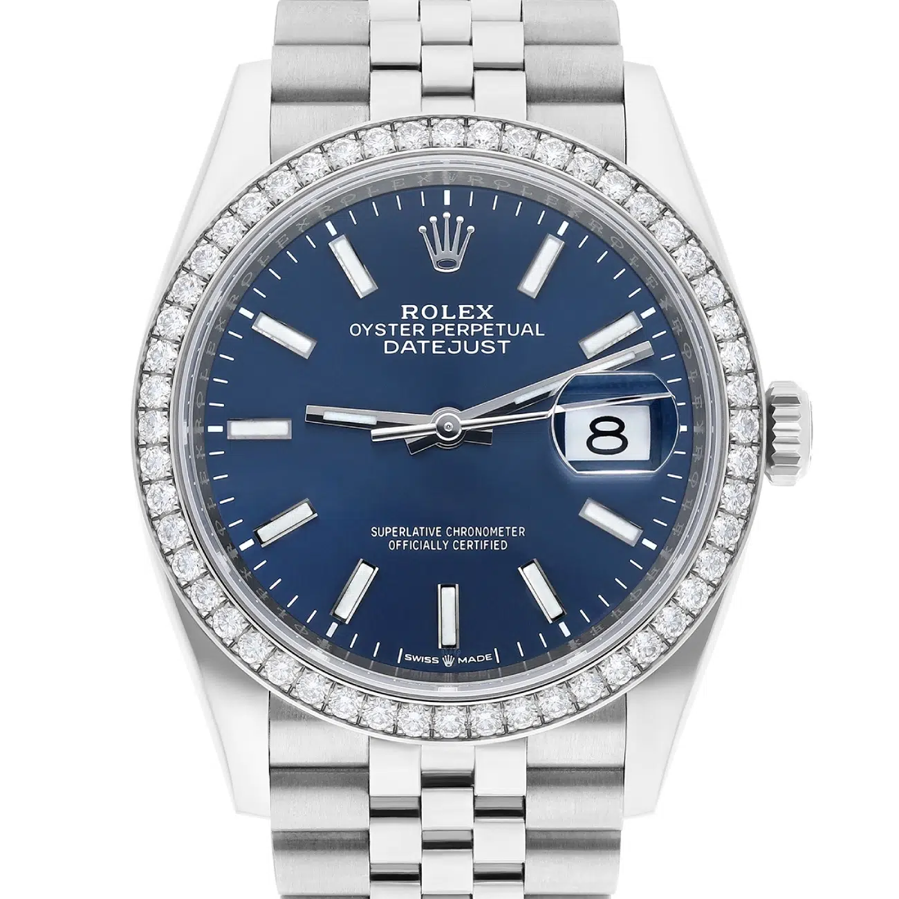 Rolex Datejust 36mm Steel Jubilee Blue Index Dial Diamond Bezel 126284RBR