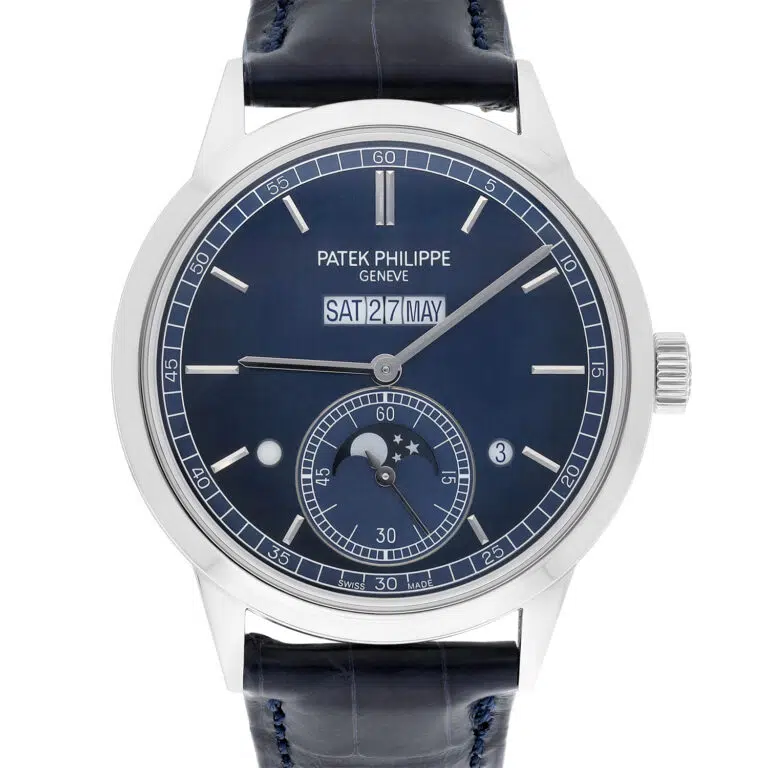 Patek Philippe 5236P perpetual calendar platinum watch, blue dial moonphase detail