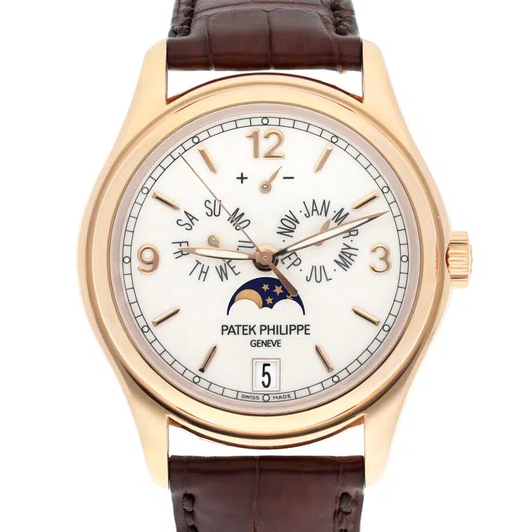 Patek Philippe Calatrava 5146R-001 rose gold annual calendar watch, moonphase dial detail