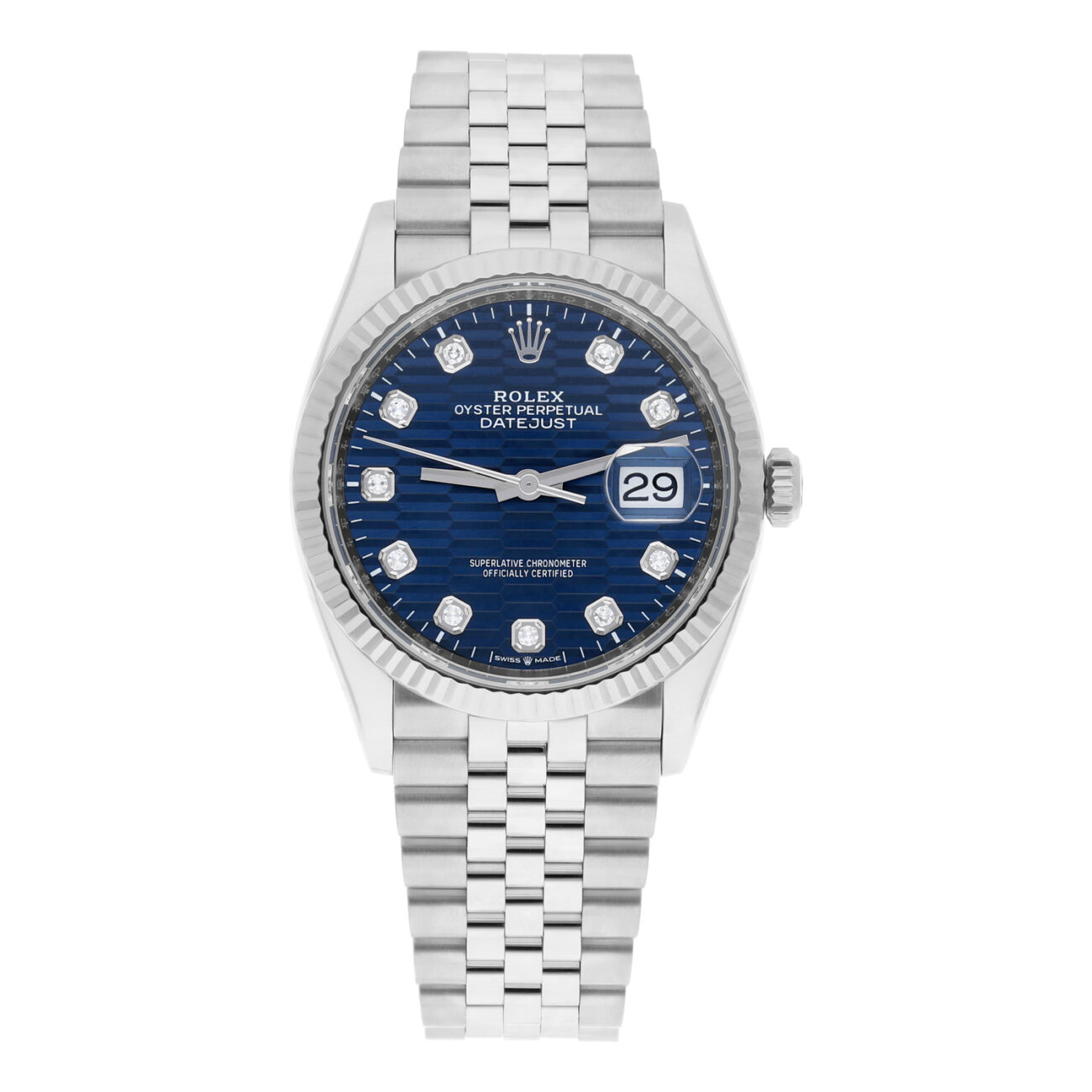Rolex Datejust 126234 36mm Bright Blue Motif Diamond Dial, Fluted Bezel, Jubilee Bracelet  2023