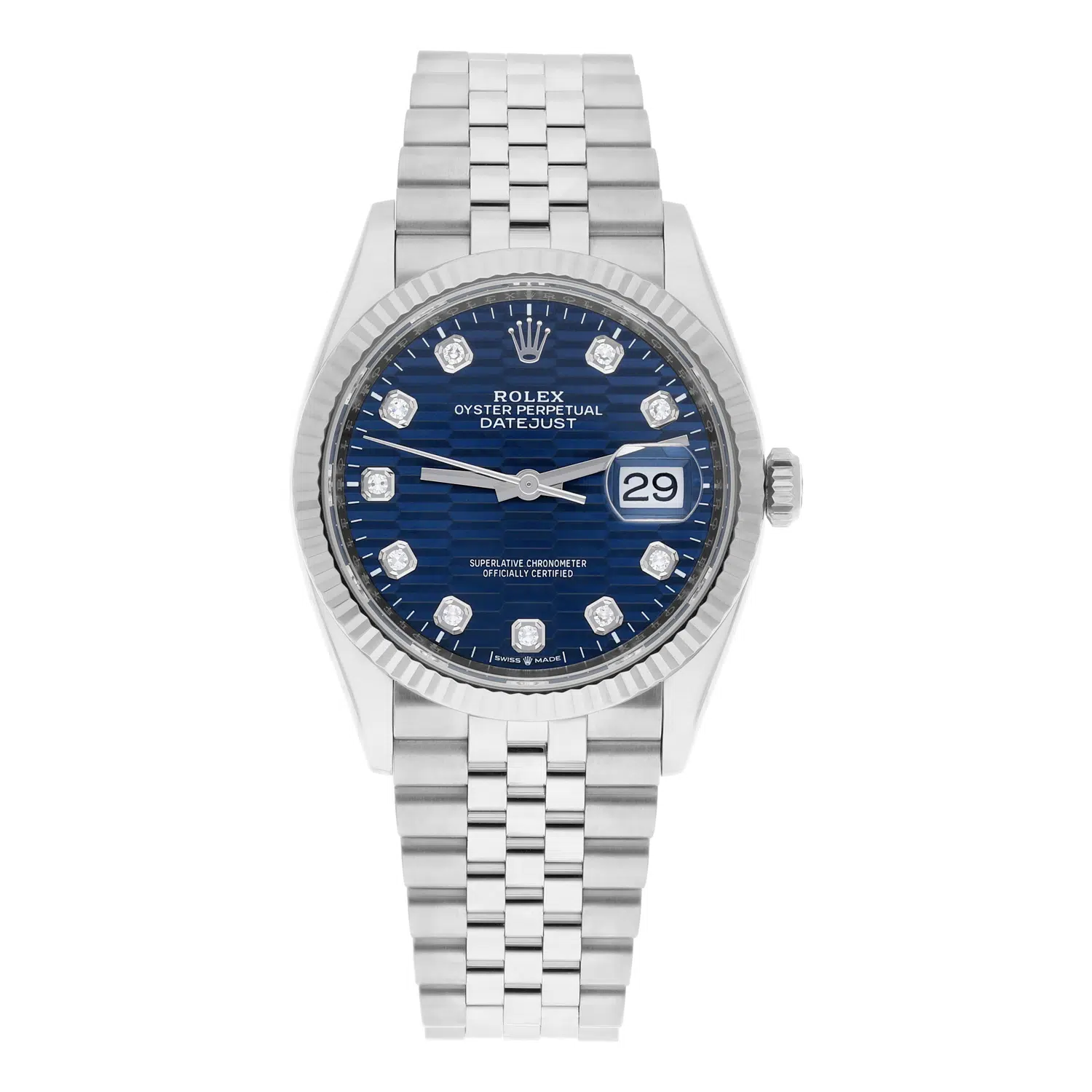 Rolex Datejust 126234 36mm Bright Blue Motif Diamond Dial, Fluted Bezel, Jubilee Bracelet 2023