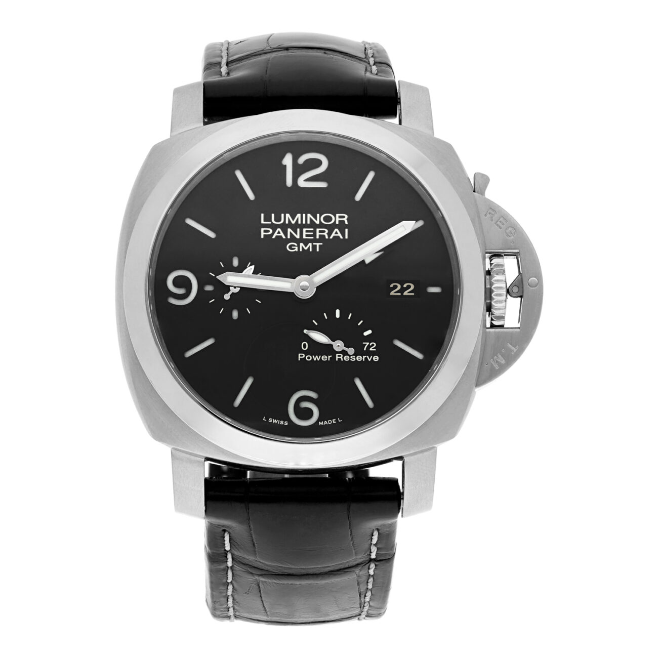 Panerai Luminor 1950 3 Days GMT 44mm Stainless Steel With Black Leather Watch Black Dial pam00321