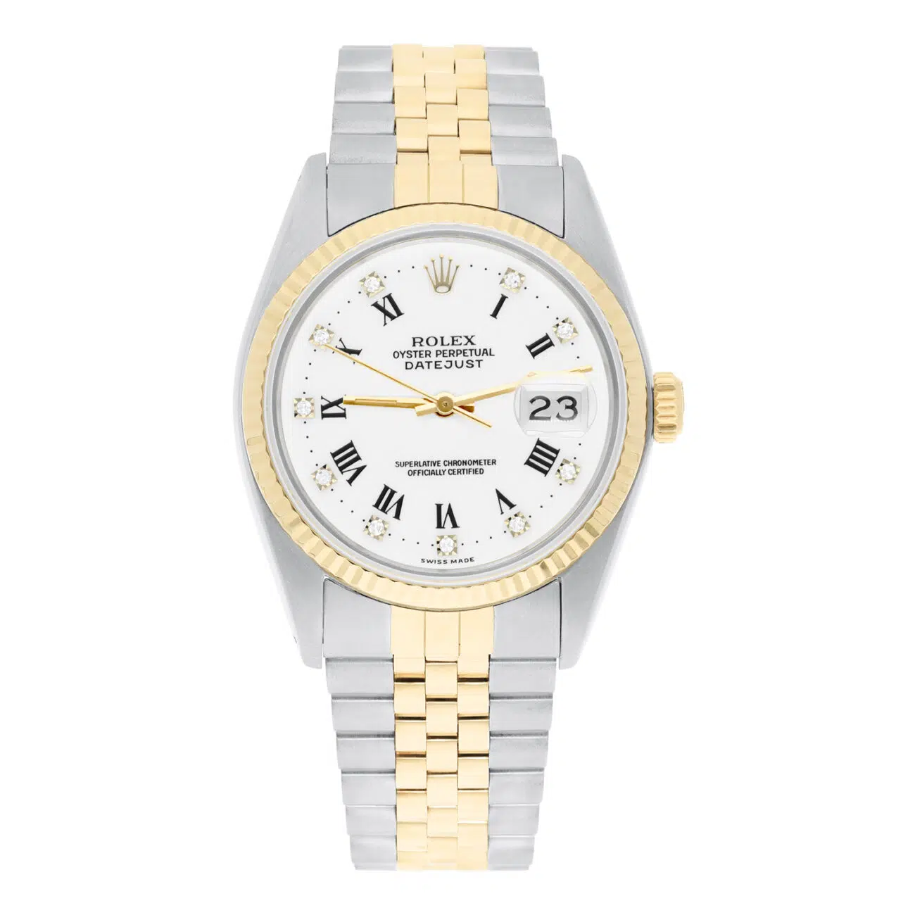 Rolex Datejust 36 with White Roman Diamond Dial - 16233G Fluted Bezel Jubilee Bracelet Watch