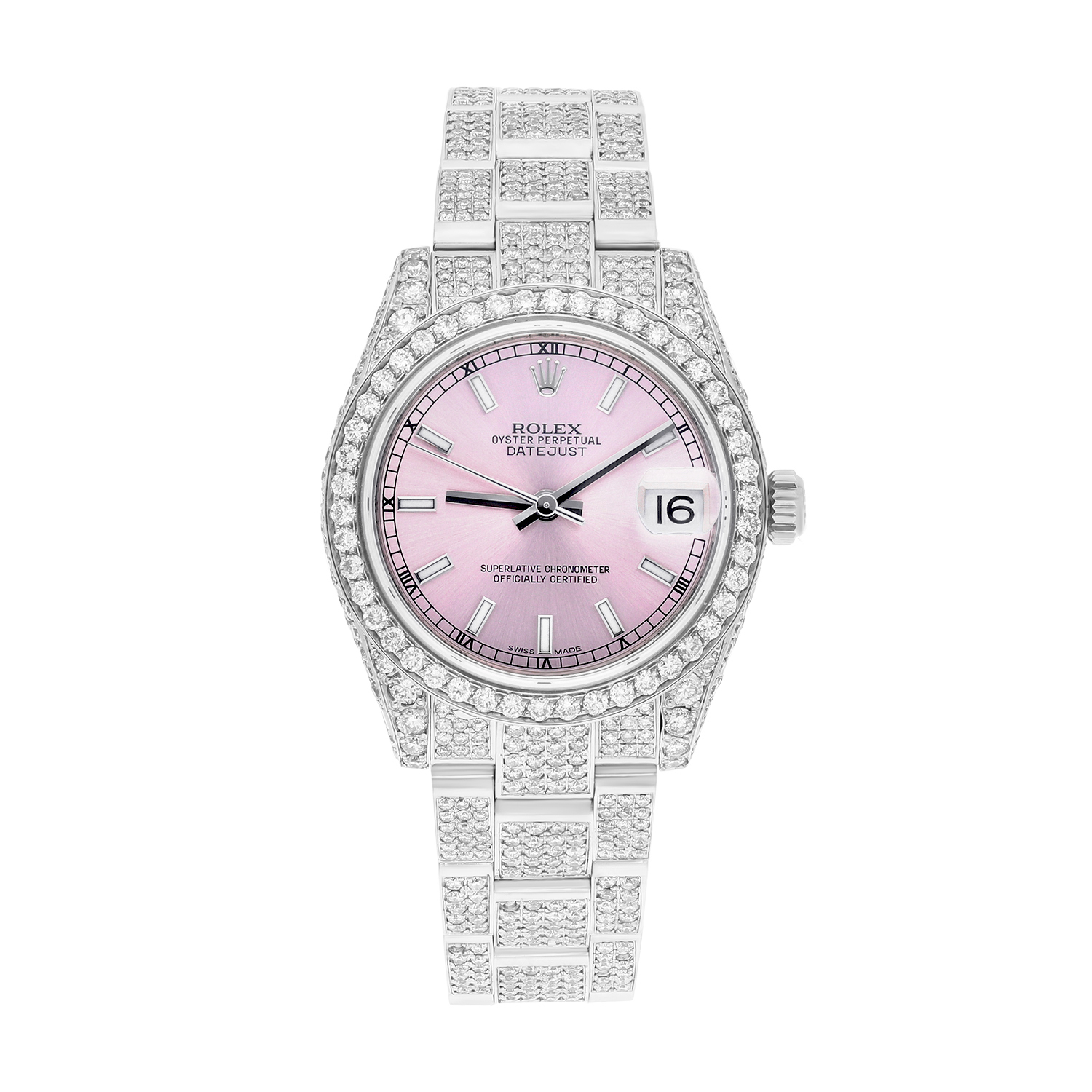 Rolex Datejust 31mm - 178240 Stainless Steel Pink Dial Fully Iced Out