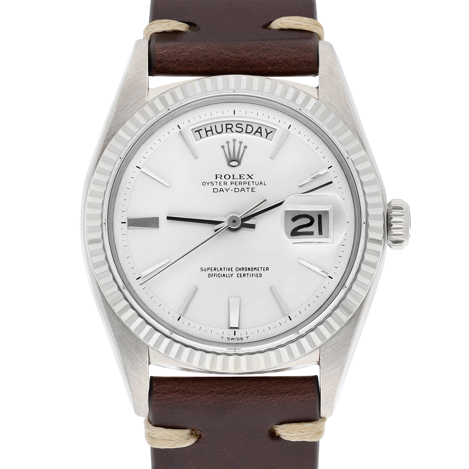Rolex Day-Date 1803 36mm 18K White Gold Fluted Bezel Silver Dial Watch - Image 2