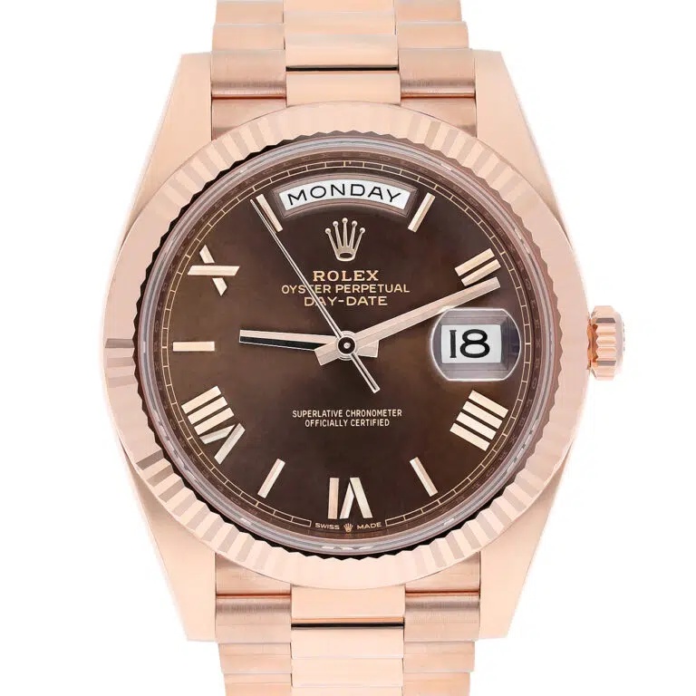Rolex Day Date  228235-0002 Chocolate Roman Dial Fluted Bezel 18k Rose Gold Watch – image 2