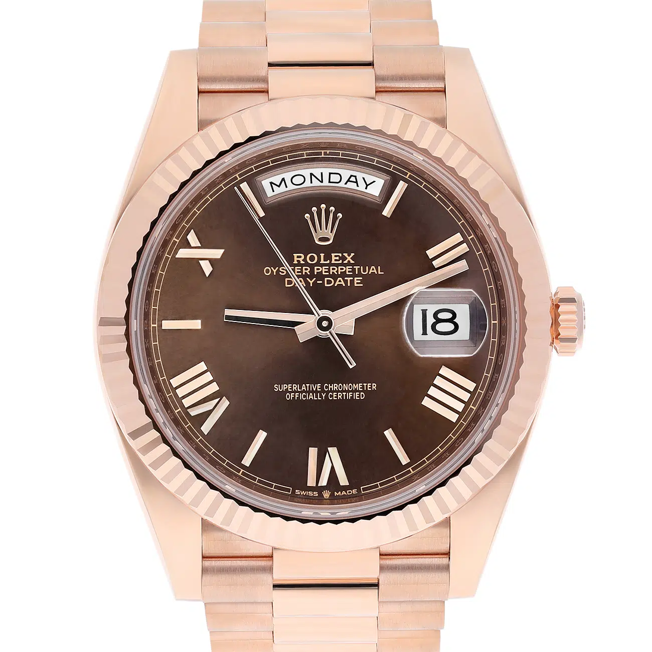 Rolex Day Date  228235-0002 Chocolate Roman Dial Fluted Bezel 18k Rose Gold Watch – image 2