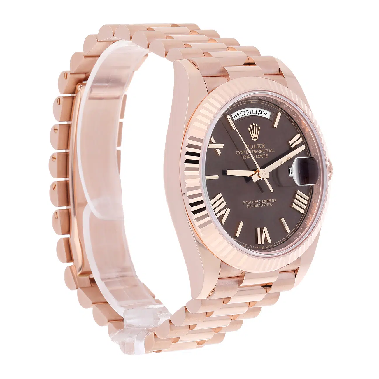 Rolex Day Date  228235-0002 Chocolate Roman Dial Fluted Bezel 18k Rose Gold Watch – image 3