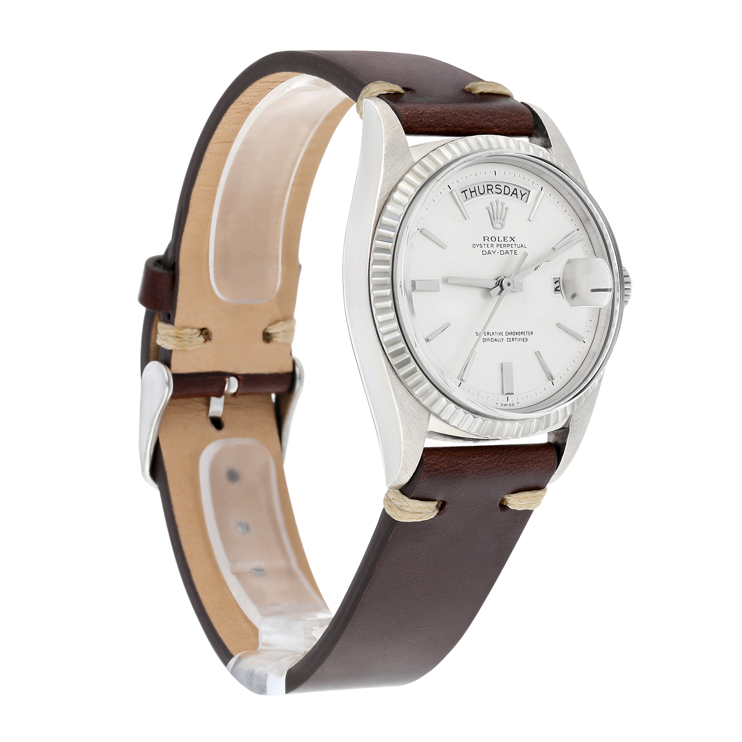 Rolex Day-Date 1803 36mm 18K White Gold Fluted Bezel Silver Dial Watch - Image 6