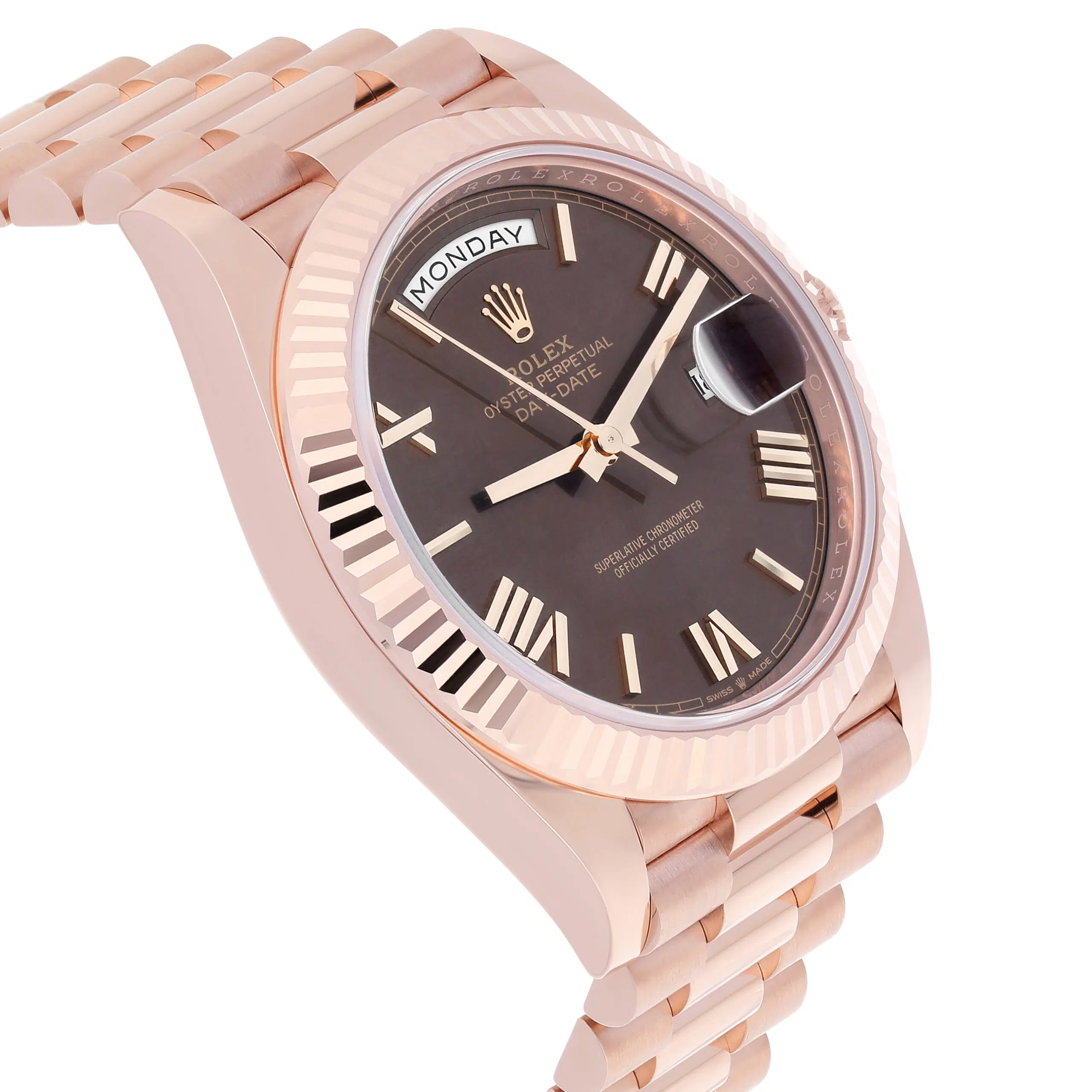 Rolex Day Date  228235-0002 Chocolate Roman Dial Fluted Bezel 18k Rose Gold Watch – image 4