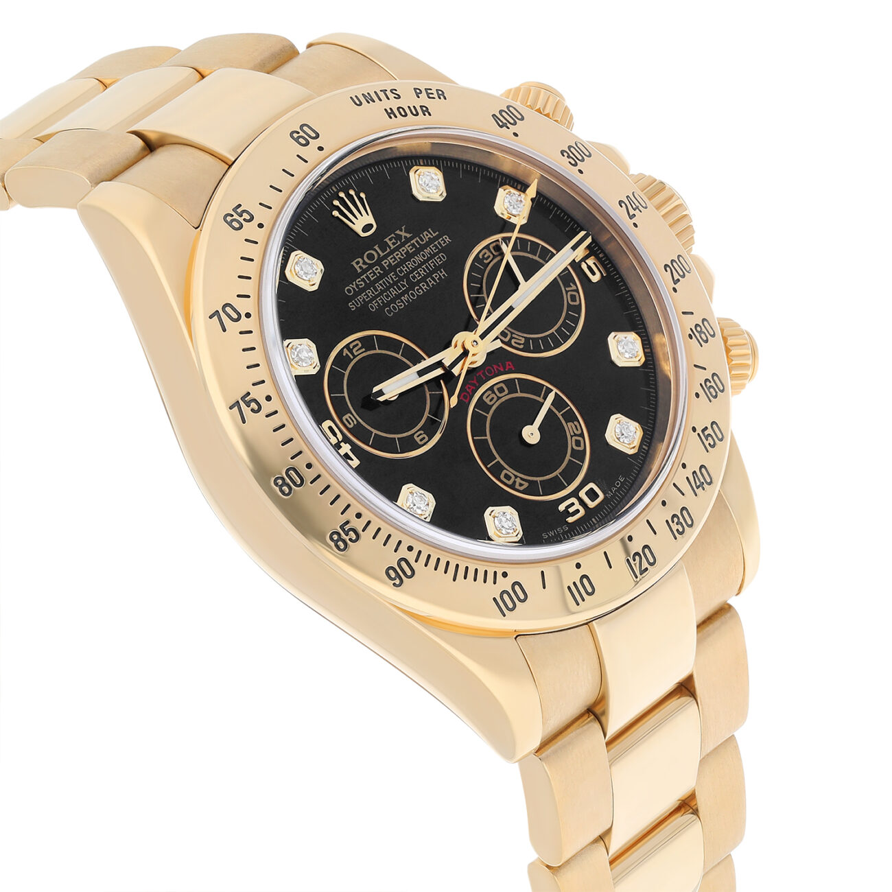 Rolex Cosmograph Daytona 126508-0003 Fixed Bezel Black Diamond Dial Oyster Bracelet Yellow Gold Watch