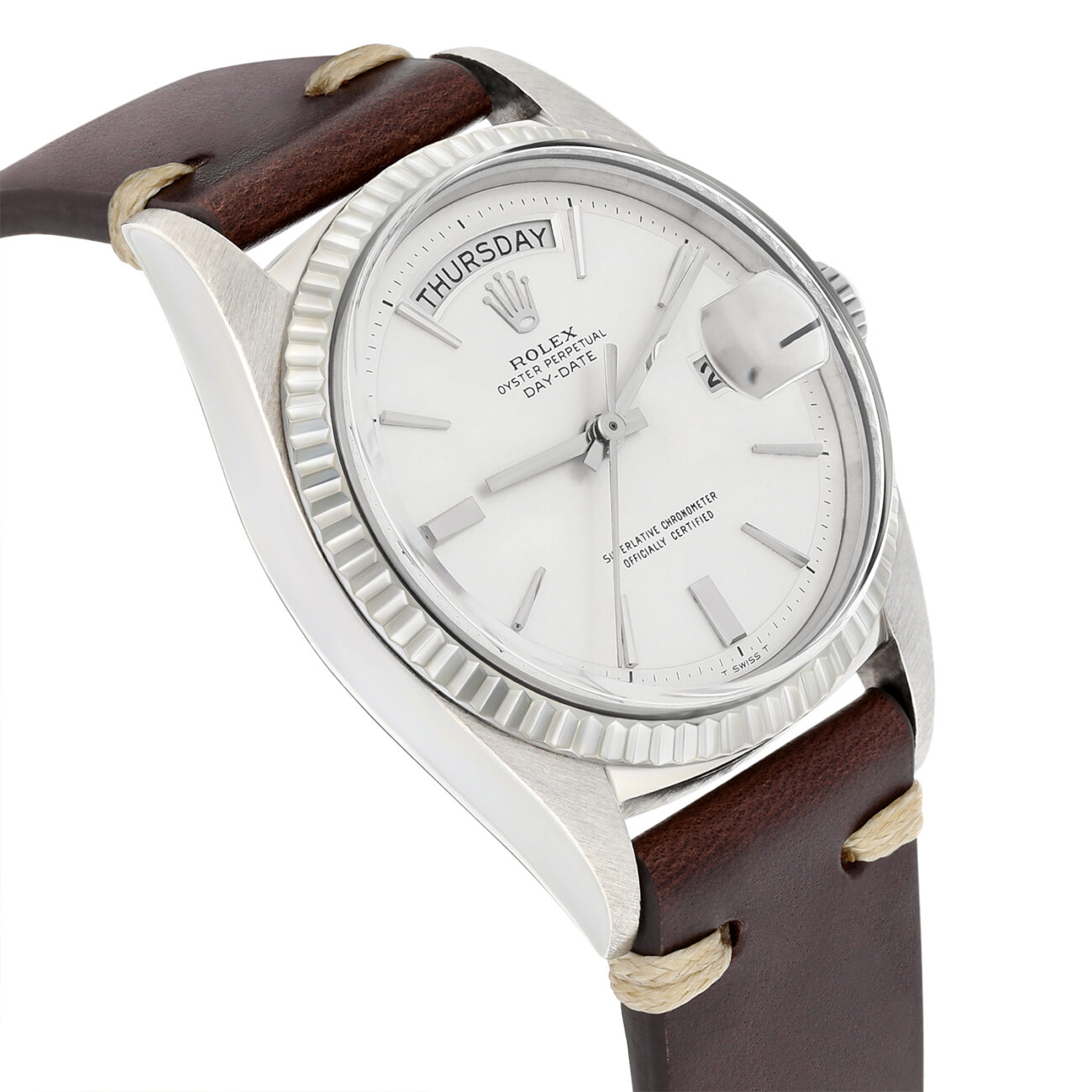 Rolex Day-Date 1803 36mm 18K White Gold Fluted Bezel Silver Dial Watch