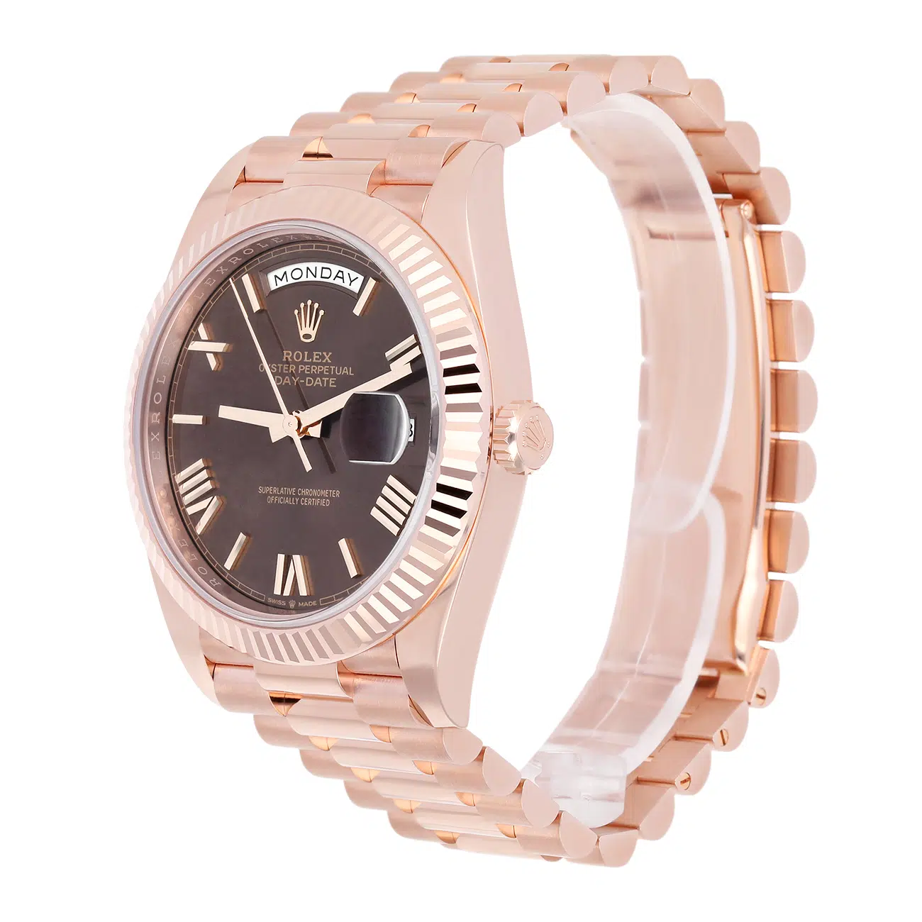 Rolex Day Date  228235-0002 Chocolate Roman Dial Fluted Bezel 18k Rose Gold Watch – image 5