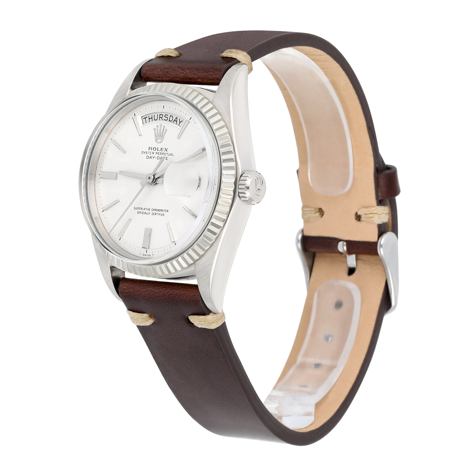 Rolex Day-Date 1803 36mm 18K White Gold Fluted Bezel Silver Dial Watch - Image 4