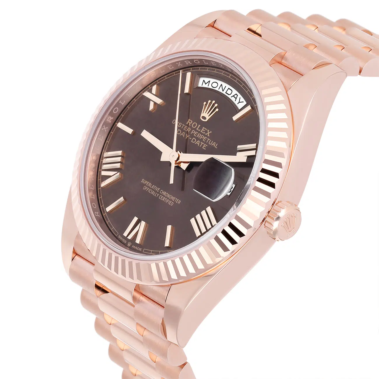 Rolex Day Date  228235-0002 Chocolate Roman Dial Fluted Bezel 18k Rose Gold Watch – image 6