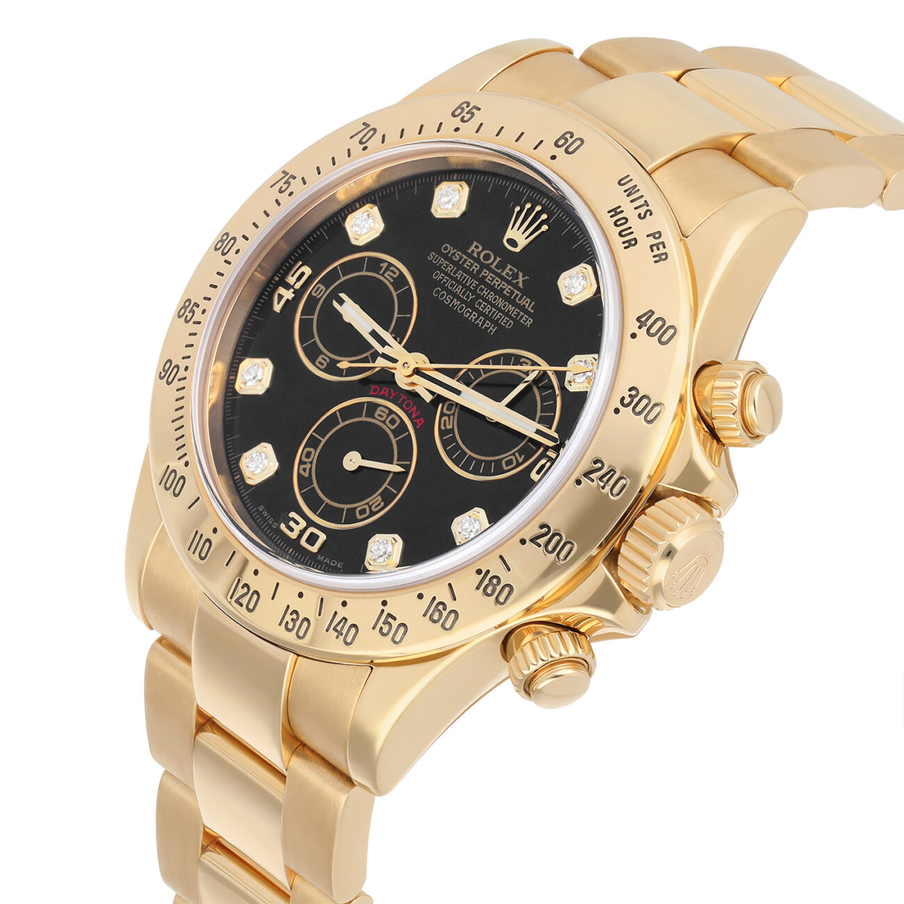 Rolex Cosmograph Daytona 126508-0003 Fixed Bezel Black Diamond Dial Oyster Bracelet Yellow Gold Watch