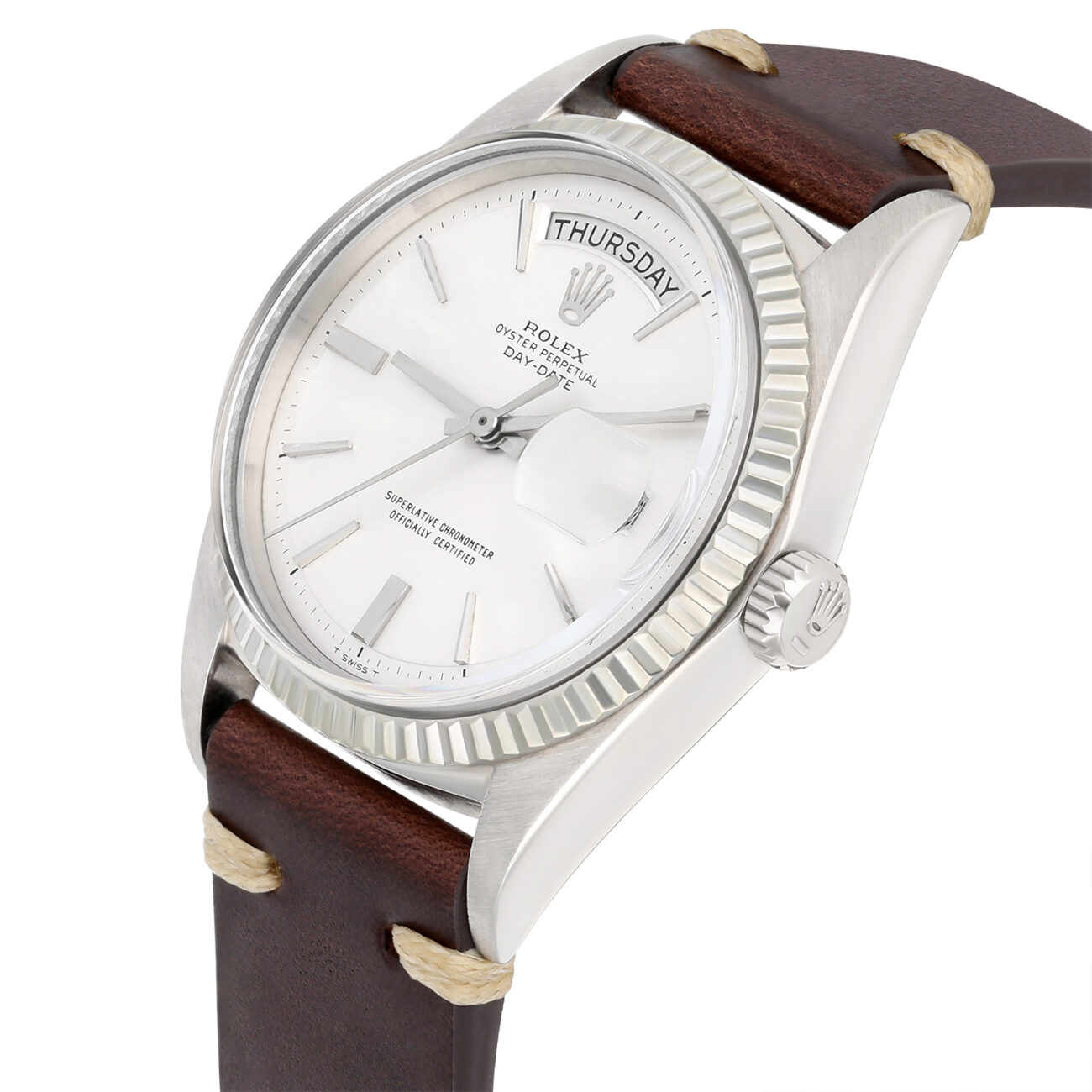 Rolex Day-Date 1803 36mm 18K White Gold Fluted Bezel Silver Dial Watch