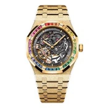 Audemars Piguet Royal Oak 15412BA.YG.1224BA.01-B Frosted Gold Skeletonized Dial Rainbow Bezel