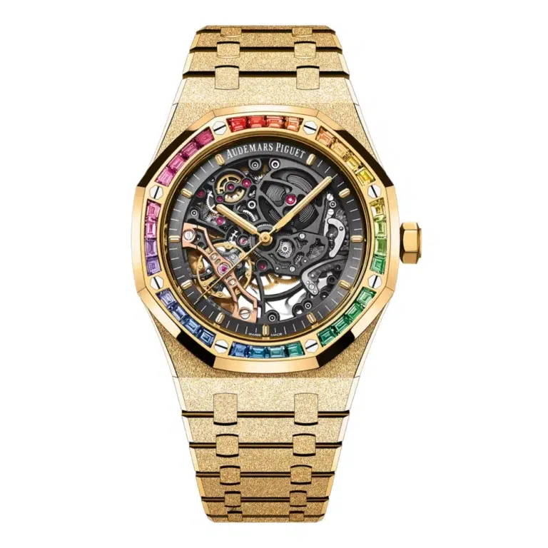 Audemars Piguet Royal Oak 15412BA.YG.1224BA.01-B Frosted Gold Skeletonized Dial Rainbow Bezel
