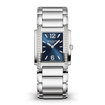 Patek Philippe Twenty-4 4910/1200A-001 stainless steel watch, blue sunburst dial, front view