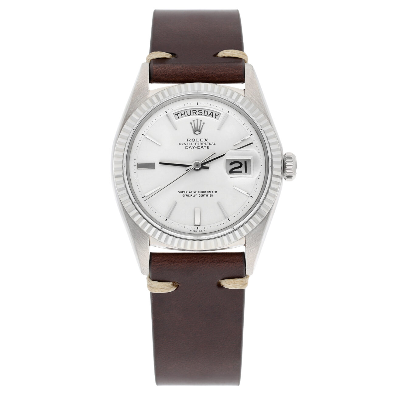 Rolex Day-Date 1803 36mm 18K White Gold Fluted Bezel Silver Dial Watch