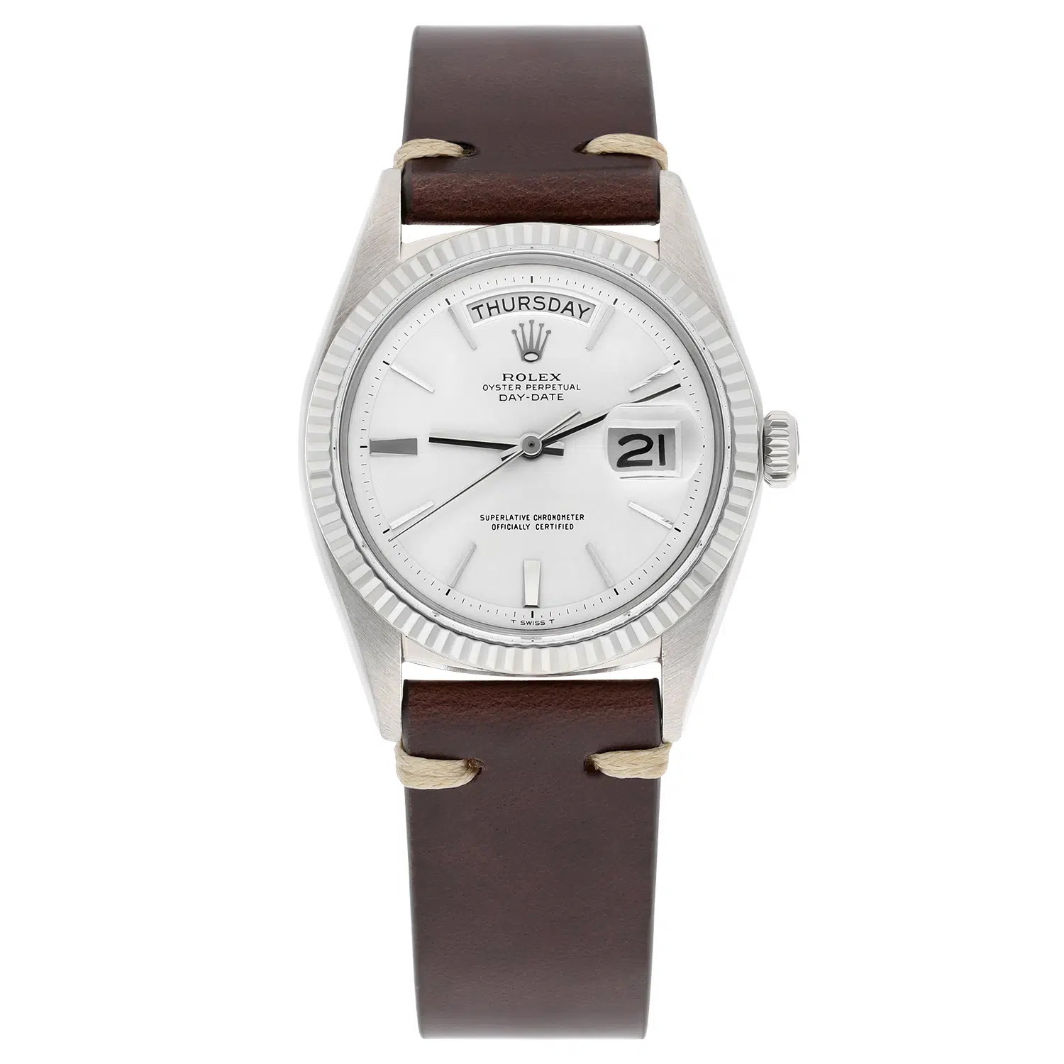 Rolex Day-Date 1803 36mm 18K White Gold Fluted Bezel Silver Dial Watch