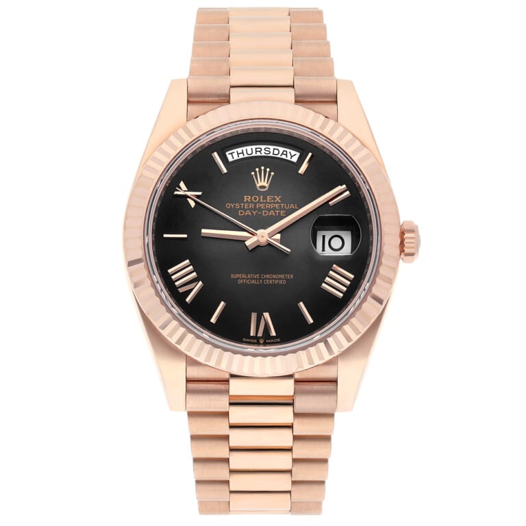 Rolex Day Date 228235-0055 “Oscars” Slate Ombré dial Dial Fluted Bezel 18k Rose Gold Watch
